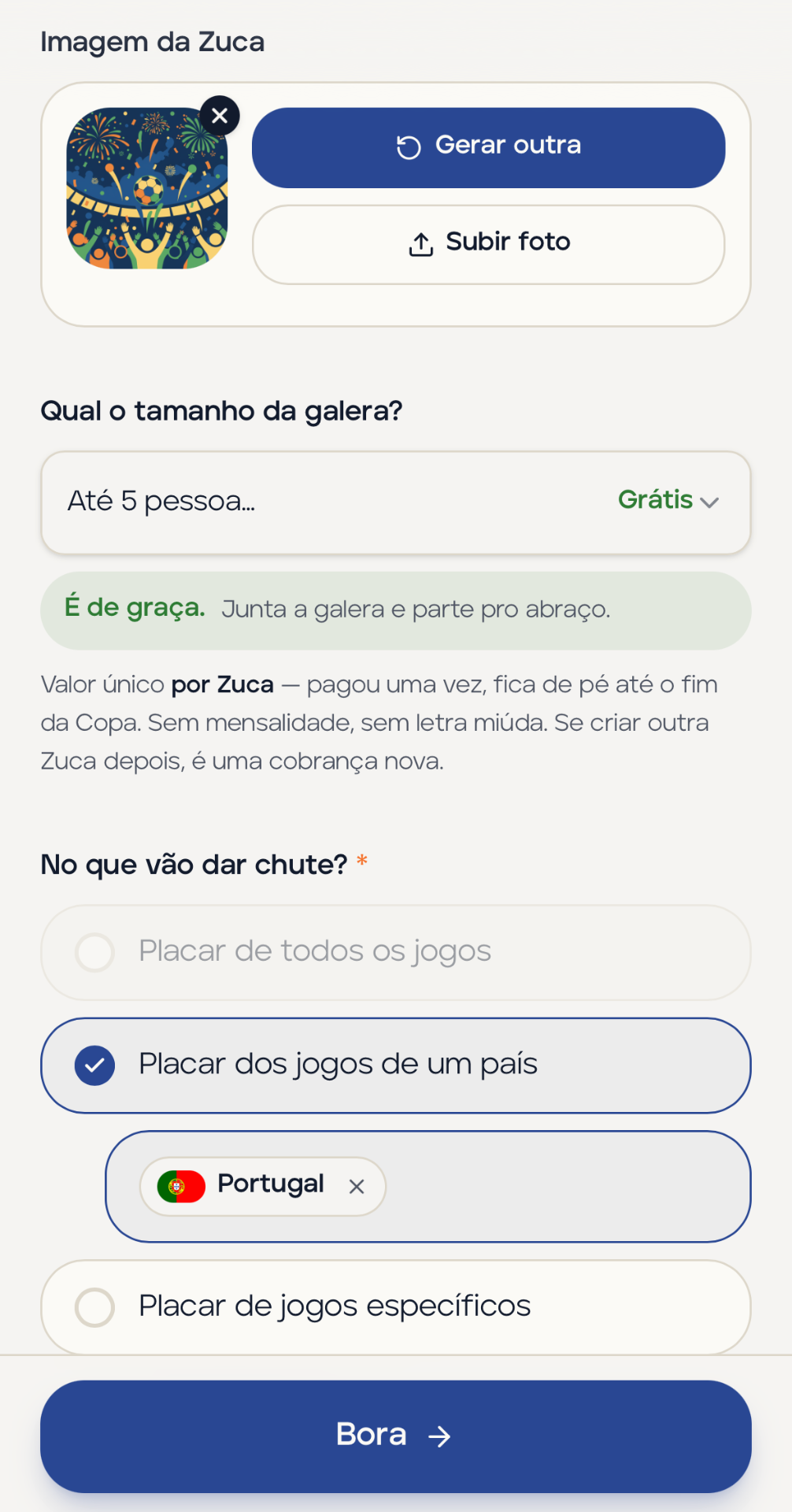 Tela de criação da Zuca com nome, tamanho da galera e jogos