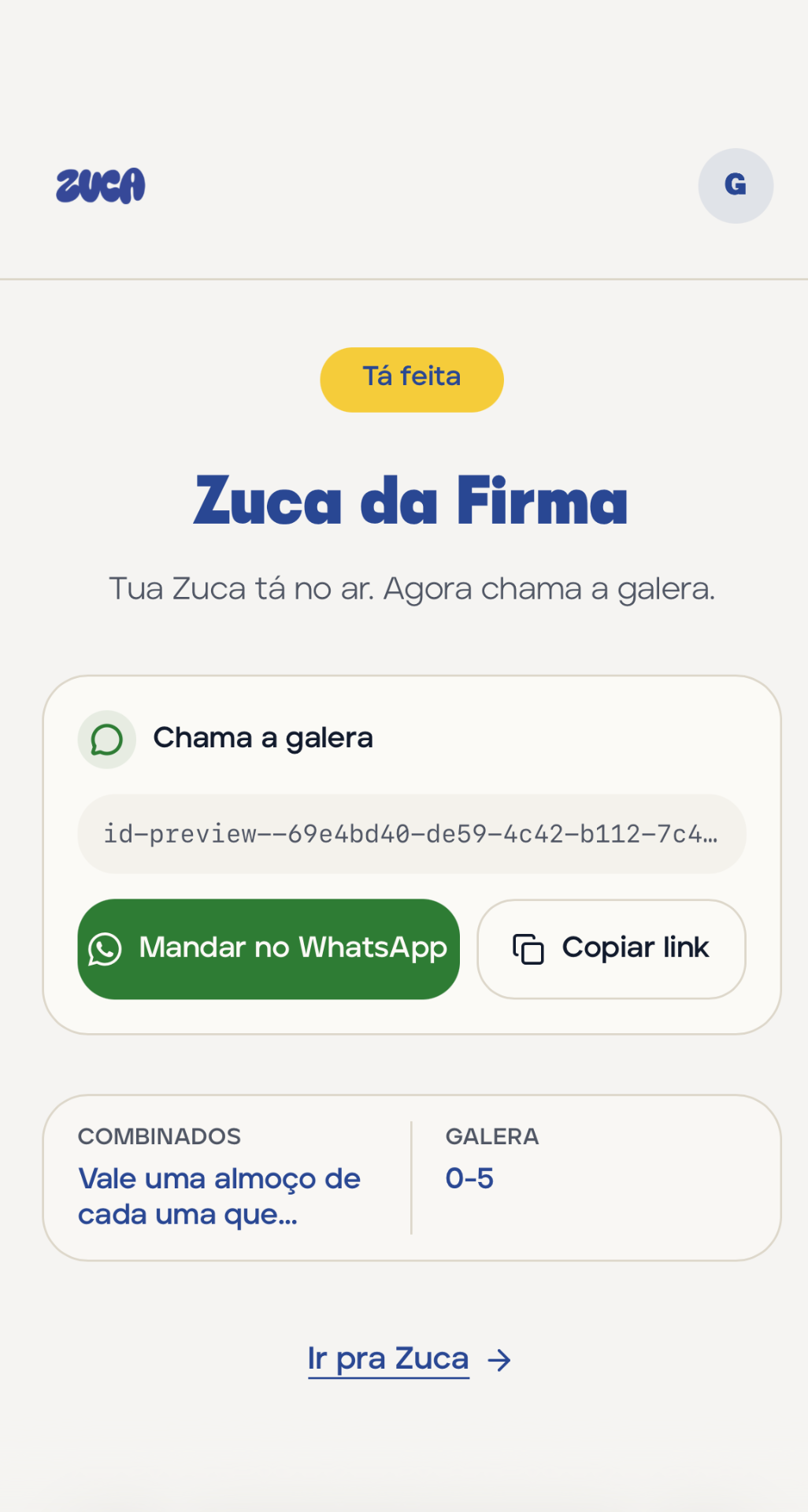 Tela da Zuca pronta com link pra mandar no WhatsApp