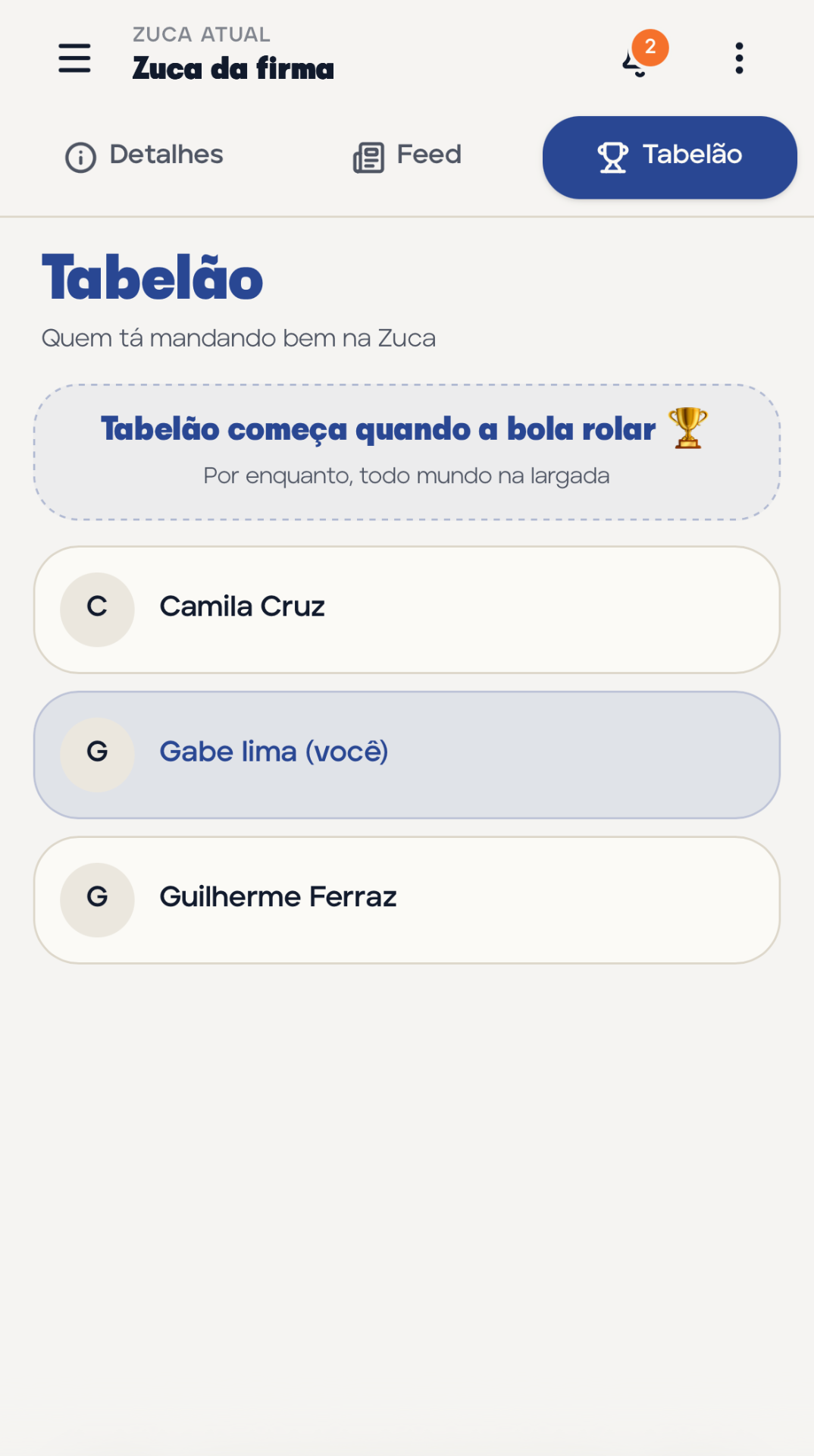 Tela do Tabelão da Zuca mostrando ranking dos participantes